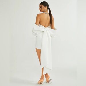 Strapless White Mini Dress with Dramatic Bow Back